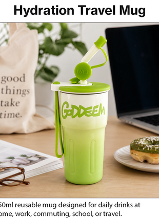 Aluminum Travel Mug with Straw and Tea Infuser Filter Lid Green White Reusable Cup