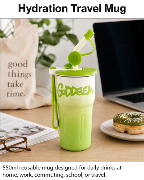 Travel Mug with Straw and Tea Infuser Filter Lid Green White Reusable Cup