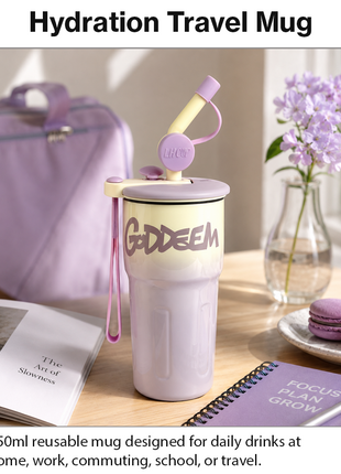 Aluminum Travel Mug with Straw and Tea Infuser Filter Lid Purple White Reusable Cup