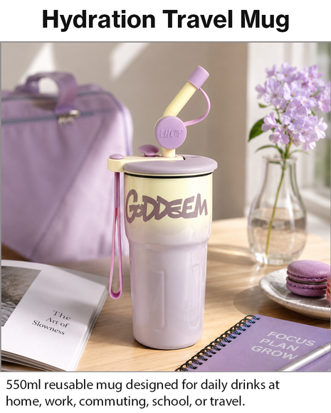 Travel Mug with Straw and Tea Infuser Filter Lid Purple White Reusable Cup