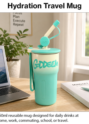 Aluminum Travel Mug with Straw and Tea Infuser Filter Lid Blue White Reusable Cup
