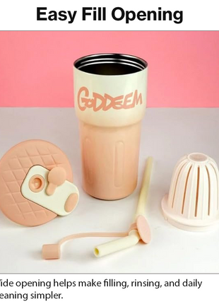 Aluminum Travel Mug with Straw and Tea Infuser Filter Lid Pink White Reusable Cup