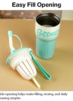 Aluminum Travel Mug with Straw and Tea Infuser Filter Lid Blue White Reusable Cup