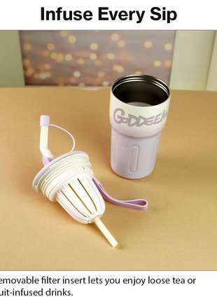 Aluminum Travel Mug with Straw and Tea Infuser Filter Lid Purple White Reusable Cup
