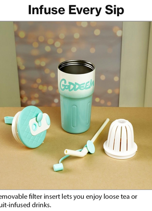Aluminum Travel Mug with Straw and Tea Infuser Filter Lid Blue White Reusable Cup