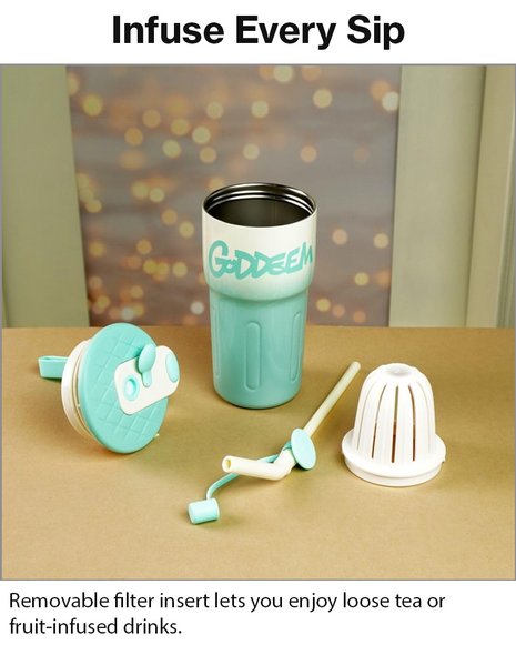 Travel Mug with Straw and Tea Infuser Filter Lid Blue White Reusable Cup