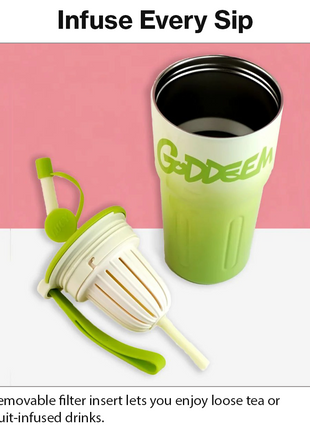Aluminum Travel Mug with Straw and Tea Infuser Filter Lid Green White Reusable Cup