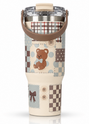 Insulated Tumbler Cup with Handle Lid, Vintage Patchwork Checker Heart Design