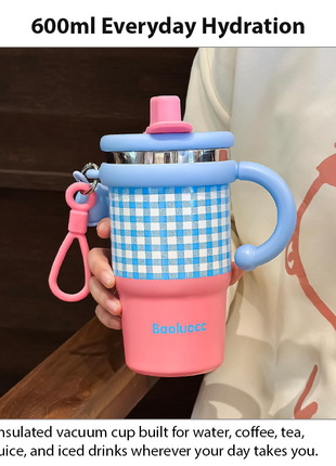 Blue Double Drink Vacuum Cup with Straw & Handle Stainless Steel Insulated Table Cup