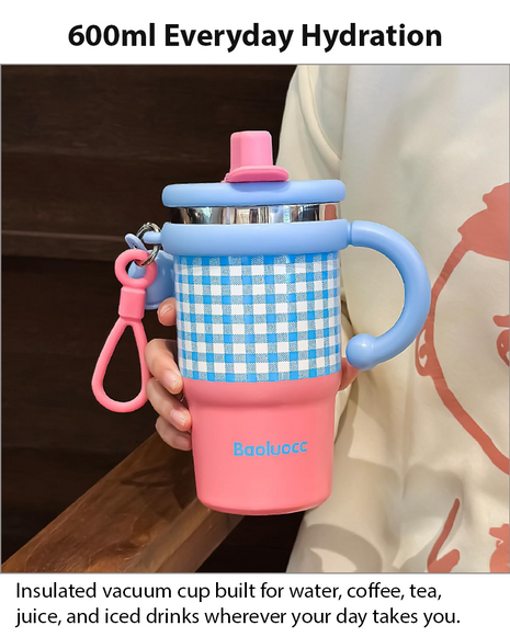 Blue Double Drink Vacuum Cup with Straw & Handle Stainless Steel Insulated Table Cup