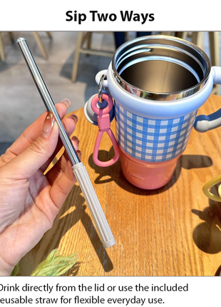 Blue Double Drink Vacuum Cup with Straw & Handle Stainless Steel Insulated Table Cup