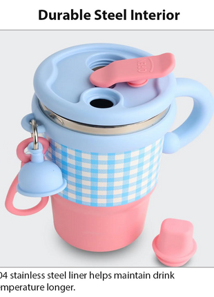 Blue Double Drink Vacuum Cup with Straw & Handle Stainless Steel Insulated Table Cup