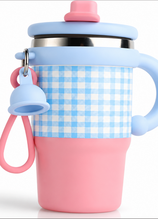 Blue Double Drink Vacuum Cup with Straw & Handle Stainless Steel Insulated Table Cup