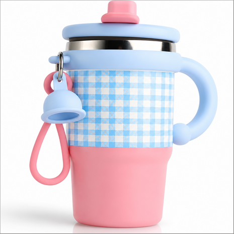 Blue Double Drink Vacuum Cup with Straw & Handle Stainless Steel Insulated Table Cup