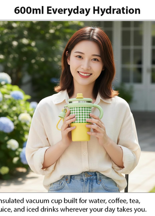 Green Double Drink Vacuum Cup with Straw & Handle Stainless Steel Insulated Table Cup