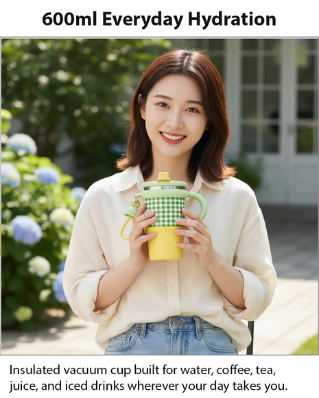Green Double Drink Vacuum Cup with Straw & Handle Stainless Steel Insulated Table Cup