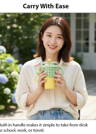 Green Double Drink Vacuum Cup with Straw & Handle Stainless Steel Insulated Table Cup