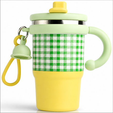 Green Double Drink Vacuum Cup with Straw & Handle Stainless Steel Insulated Table Cup