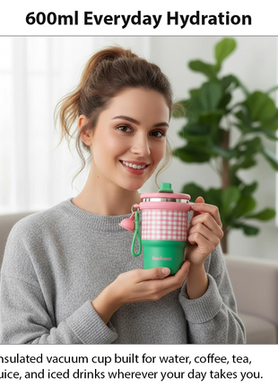 Pink  Double Drink Vacuum Cup with Straw & Handle Stainless Steel Insulated Table Cup