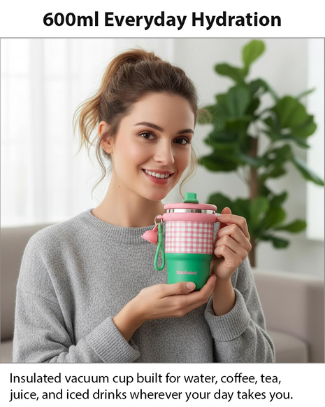 Pink  Double Drink Vacuum Cup with Straw & Handle Stainless Steel Insulated Table Cup