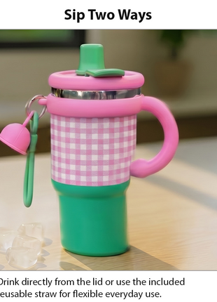 Pink  Double Drink Vacuum Cup with Straw & Handle Stainless Steel Insulated Table Cup