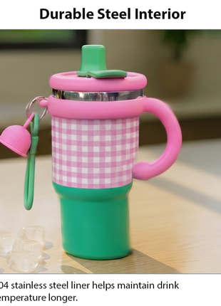 Pink  Double Drink Vacuum Cup with Straw & Handle Stainless Steel Insulated Table Cup