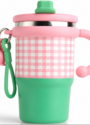 Pink  Double Drink Vacuum Cup with Straw & Handle Stainless Steel Insulated Table Cup