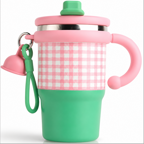 Pink  Double Drink Vacuum Cup with Straw & Handle Stainless Steel Insulated Table Cup