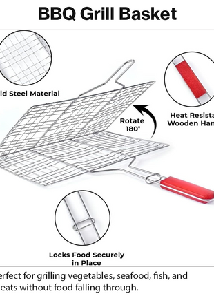 Non-Stick Stainless Steel BBQ Grill Basket with Wooden Handle