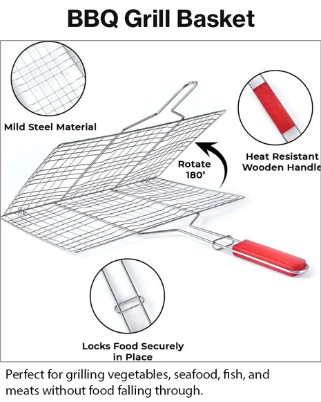 Non-Stick Stainless Steel BBQ Grill Basket with Wooden Handle