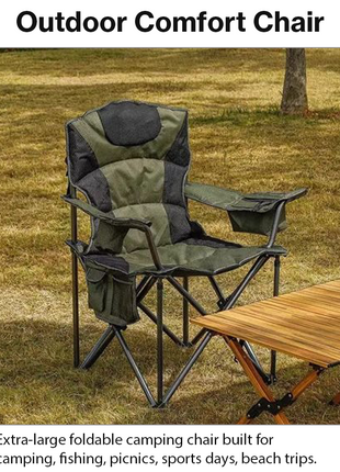 Extra-Large Foldable Camping Chair with Cooler, Cup Holder & Side Storage Pouches, Aluminium Frame, Green
