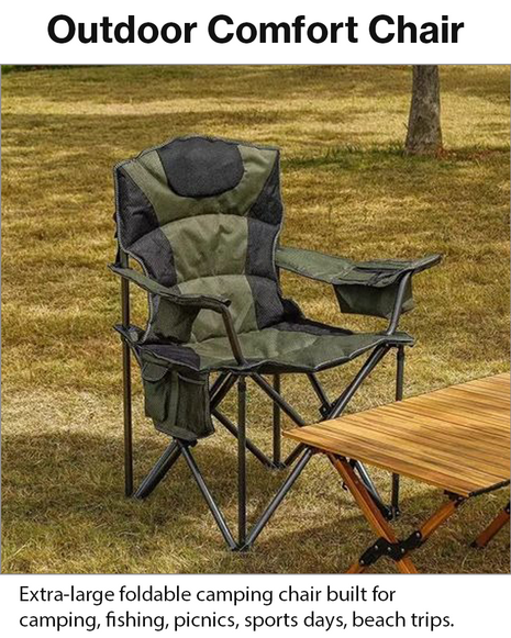 Extra-Large Foldable Camping Chair with Cooler, Cup Holder & Side Storage Pouches, Aluminium Frame, Green