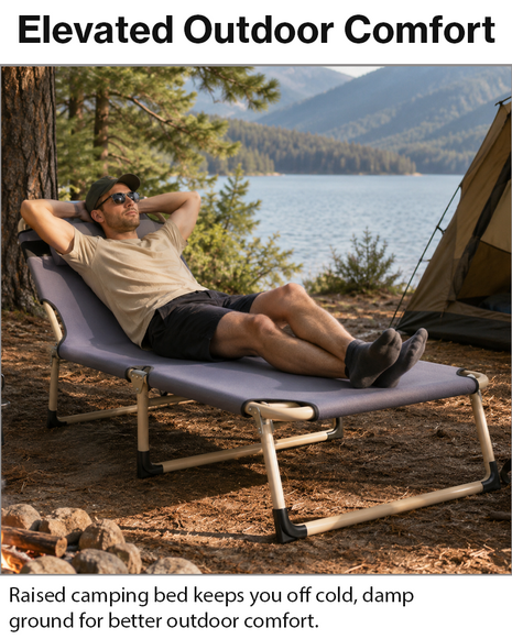 Folding Camping Bed Stretcher & Lounger with Steel Frame, Polyester Surface, 300 kg Capacity, Raised Off-Ground Sleeping Cot