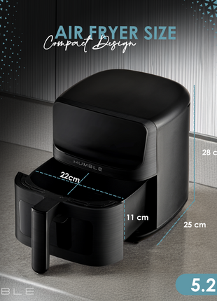 Humble 5.2L Air Fryer with Visible Window – Large Capacity, Black – Oil-Free Cooking with Adjustable Time & Temp, Easy to Clean, Family-Sized Electric Airfryer