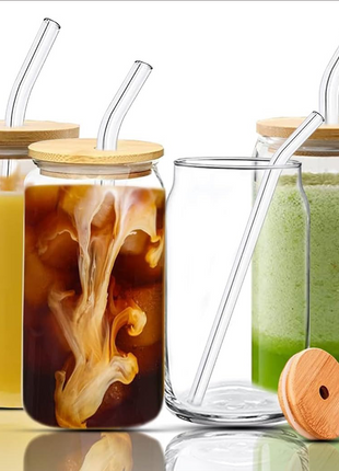 Glass Cup Set 500ml – Borosilicate Tumbler with Bamboo Lid & Straw – Clear (4 Pack)