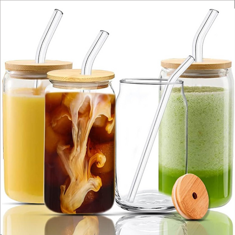 Glass Cup Set 500ml – Borosilicate Tumbler with Bamboo Lid & Straw – Clear (4 Pack)