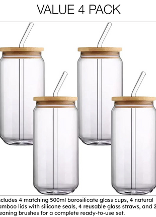 Glass Cup Set 500ml – Borosilicate Tumbler with Bamboo Lid & Straw – Clear (4 Pack)