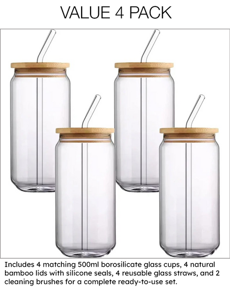 Glass Cup Set 500ml – Borosilicate Tumbler with Bamboo Lid & Straw – Clear (4 Pack)
