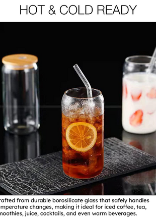 Glass Cup Set 500ml – Borosilicate Tumbler with Bamboo Lid & Straw – Clear (4 Pack)