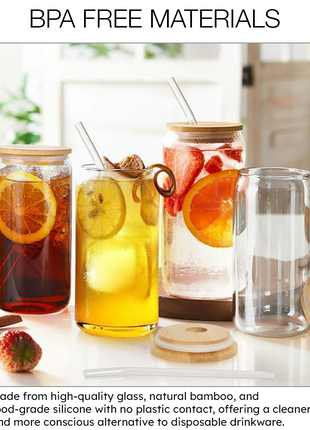 Glass Cup Set 500ml – Borosilicate Tumbler with Bamboo Lid & Straw – Clear (4 Pack)