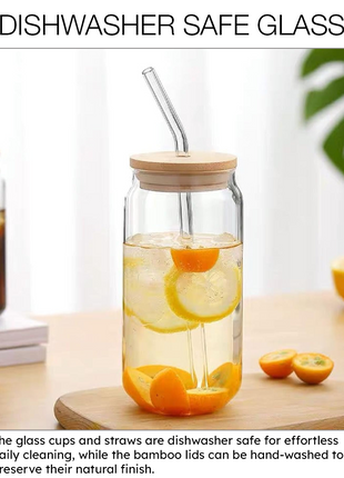 Glass Cup Set 500ml – Borosilicate Tumbler with Bamboo Lid & Straw – Clear (4 Pack)