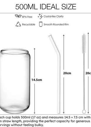 Glass Cup Set 500ml – Borosilicate Tumbler with Bamboo Lid & Straw – Clear (4 Pack)