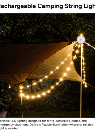 OutGear Rechargeable 5.2m Camping String Lights, 1800 mAh Li-ion Battery, USB Powered, IP67 Waterproof LED Tent Lights, Adjustable Brightness