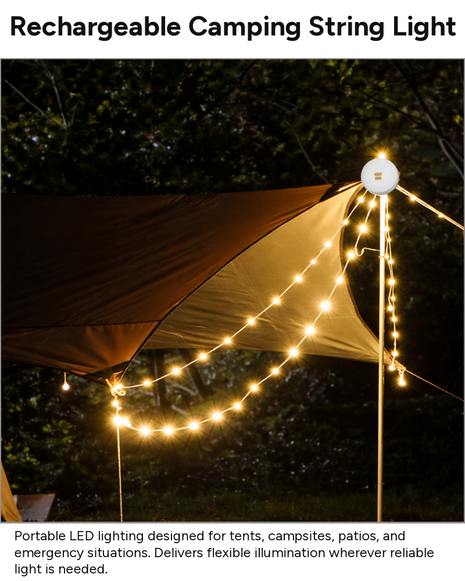 OutGear Rechargeable 5.2m Camping String Lights, 1800 mAh Li-ion Battery, USB Powered, IP67 Waterproof LED Tent Lights, Adjustable Brightness