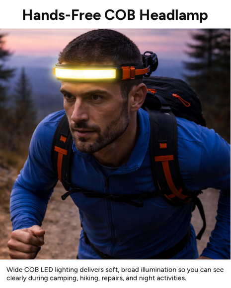 OutGear COB LED Headlamp 350lm USB Rechargeable Headband Flashlight, 500mAh Li-ion Battery, Red & White Light Modes, Adjustable Strap, Camping Hiking Running