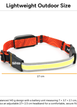 OutGear COB LED Headlamp 350lm USB Rechargeable Headband Flashlight, 500mAh Li-ion Battery, Red & White Light Modes, Adjustable Strap, Camping Hiking Running
