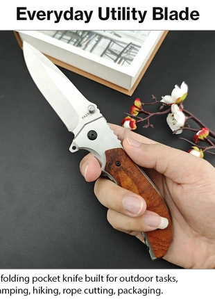 Folding Pocket Knife with Stainless Steel Blade, Aluminum & Wood Handle, Liner Lock EDC Utility Knife