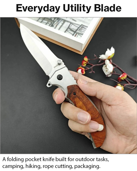 Folding Pocket Knife with Stainless Steel Blade, Aluminum & Wood Handle, Liner Lock EDC Utility Knife