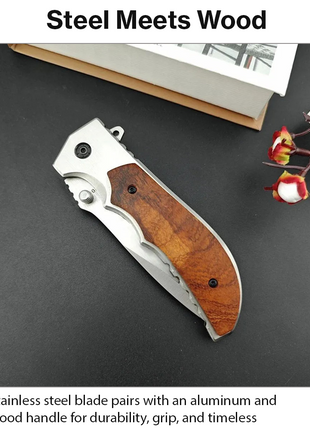 Folding Pocket Knife with Stainless Steel Blade, Aluminum & Wood Handle, Liner Lock EDC Utility Knife