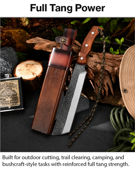 High Carbon Steel Full Tang Machete with Wooden Handle & Sheath